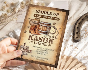 Saddle Up Country Western Invitation,  Rustic Wood, Cowboy Hat and Lasso, Cowboy Birthday Invitation, Printable, Instant Download