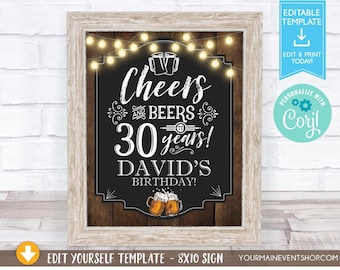 Cheers and Beers Party Welcome Sign, Cheers and Beers to 30 Years, 40 Years, 50 Years, Adult Birthday Sign Decoration, Center Piece