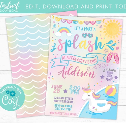 Unicorn Pool Party Invitation Pool Party Birthday Unicorn Etsy