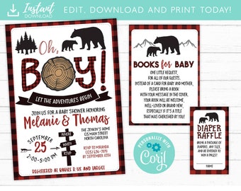 Lumberjack Baby Shower Invitation, Bear Woodland Baby Shower Invitation, Rustic Mama Bear Baby Sprinkle, Diaper Raffle, Book Request Card