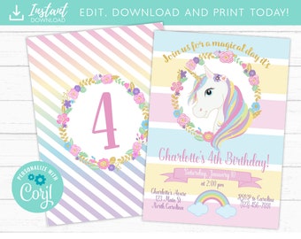 Unicorn Invitation, Unicorn Party Invite, Magical Rainbow Unicorn Birthday Invitation Printable, Editable Instant Download