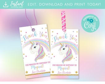 Étiquettes de remerciement fête licorne, porte-sucette licorne imprimable, décorations de fête licorne arc-en-ciel