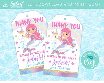 Unicorn Mermaid Pool Party Thank You Tags, Mermaid Party Tags, Pool Party Tags, Favor Tags, Unicorn Float