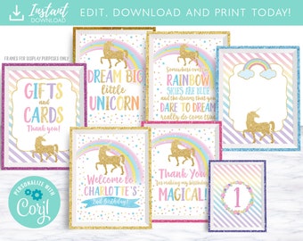 Unicorn Party Signs, Unicorn Birthday Party Decorations, Middelpunt Instant Download Bewerk jezelf digitale bestanden