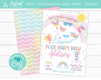 Unicorn Pool Party Invitation, Pool Party Birthday, Unicorn Birthday Party Invitation, Pool Party Invitation, Birthday Invite, Summer,