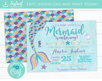 Mermaid Baby Shower Invitation, Little Mermaid on the way Baby Shower Invite, Nautical, Beach, Under The Sea, Instant Download Edit Yourself