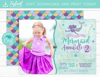 Mermaid Birthday Invitation • Mermaid Invite & Photo • Under The Sea Party • Teal Purple Gold • Summer Pool Beach Party Invitation Printable