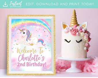 Unicorn Welcome Sign, Unicorn Party Welcome Sign Decorations, Unicorn Center Piece Edit Yourself Corjl Template