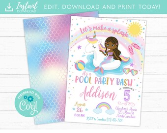 Unicorn Mermaid Pool Party Invitation, Pool Party Birthday, Unicorn Mermaid Birthday Party Invitation, Pool Party Invite, African American