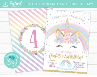 Unicorn Birthday Invitation, Unicorn Party Invite, Rainbow Invitation, Magical Invitation, Rainbow Birthday Invite Printable