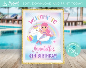 Unicorn Mermaid Pool Party Welcome Sign, Mermaid Party Welcome Sign Decoration, Pool Party Center Piece