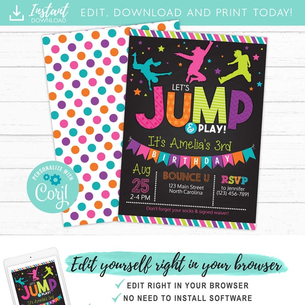Jump Birthday Invitation, Trampoline Party Invite, Bounce House Birthday Invitations, Instant Download, Edit Yourself DIY Templett