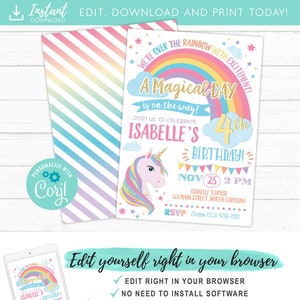 Unicorn Birthday Invitation, Unicorn Invitation, Rainbow Invitation, Rainbow Unicorn Birthday Invite Printable, Unicorn Party image 4