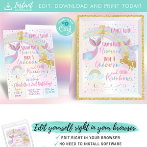 Unicorn Mermaid and Fairy Birthday Invitation, Dance With Fairies Ride A Unicorn Swim With Mermaids Chase Rainbows Magical Party Sign