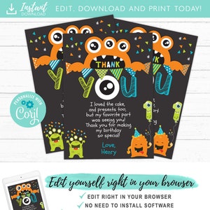 Monster Birthday Party Thank You Card, 1st Birthday, 2nd Birthday, Editable Template Instant Download image 2