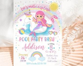 Unicorn Mermaid Pool Party Invitation, Pool Party Birthday, Unicorn Mermaid Birthday Party Invitation, Pool Party Invite