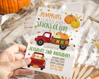 Fall Pumpkin Birthday Invitation, Boy Pumpkin Truck Birthday Invitation Template Printable, Instant Download Templett
