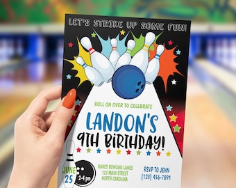 Puede incluir: Una invitación de cumpleaños con temática de bolos con el texto "LET'S STRIKE UP SOME FUN!" y "LANDON'S 9TH BIRTHDAY!". El diseño presenta una bola de bolos azul, bolos blancos y explosiones de estrellas de colores. La invitación incluye detalles del evento.