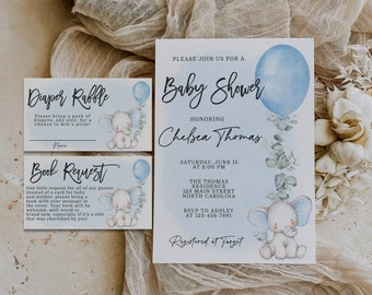 Boy Baby Shower Invitation, Blue Elephant and Balloon Baby Shower Invite, Diaper Raffle and Book Request Card Editable Template