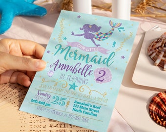 Mermaid Birthday Invitation, Mermaid Invitation, Under The Sea Party Invite, Teal Purple Gold