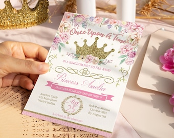 Princess Invitation, Princess birthday invitation, Royal Floral Gold crown invitation, Tea Party, Princess invites Digital Printable