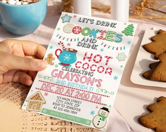 Christmas Cookie and Cocoa Birthday Invitation, Cookies and Cocoa, Christmas Party Invitation, Editable Invite Template Corjl