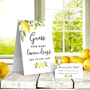 Devinez combien de bonbons au citron pour mariage, baby shower, baby shower ou anniversaire | 1 enseigne et 50 cartes de devinettes | Aucun cadre nécessaire