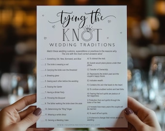 May include: A white card with the text "Tying the Knot Wedding Traditions" is held up. The card lists wedding customs and traditions. The background is a blurred image of a table setting with glasses.