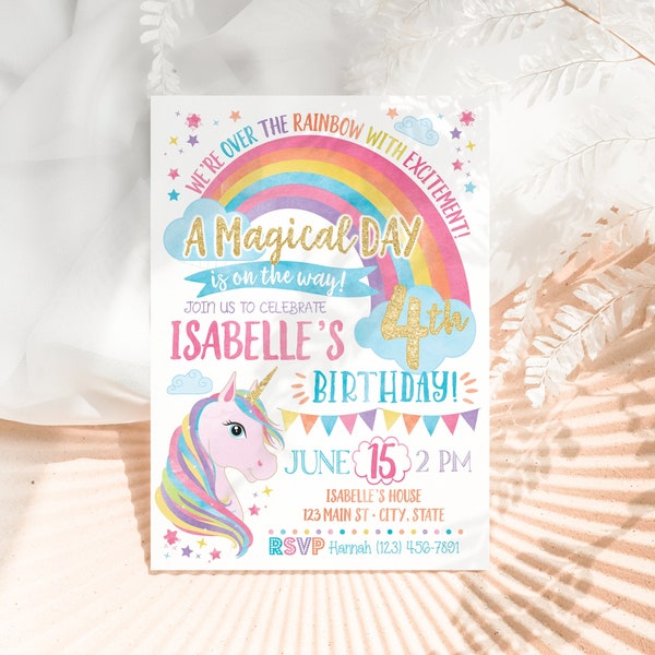 Invitation d’anniversaire de licorne, invitation de licorne, invitation arc-en-ciel, invitation magique, invitation d’anniversaire arc-en-ciel imprimable, fête de licorne