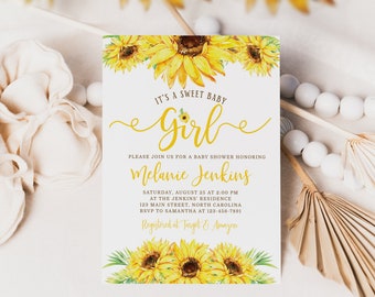 Sunflower Girl Baby Shower Invitation, Yellow Floral Girl Baby Sprinkle Invite Instant Download Editable Template Corjl