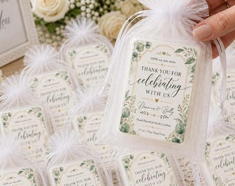 Personalized Wax Melt Wedding Favors, Bridal Shower Favor Gifts, 100% Soy Wax, Custom Names, Thank You for Celebrating With Us, Eucalyptus