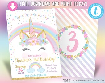 unicorn invitation unicorn party invite magical rainbow etsy