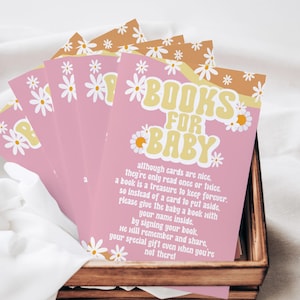Groovy boekverzoekkaart babyshower | Boho retro jaren 70 hippie, breng een boek mee voor baby | Bewerkbare Corjl-sjabloon | Directe download 3,5 x 5 inch