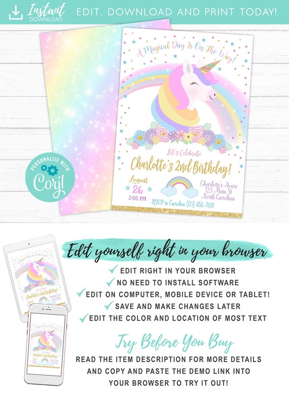 Unicorn Birthday Invitation, Magical Unicorn Invitation, Rainbow Unicorn Birthday Invite Printable, Unicorn Party, Instant Download Il_570xn
