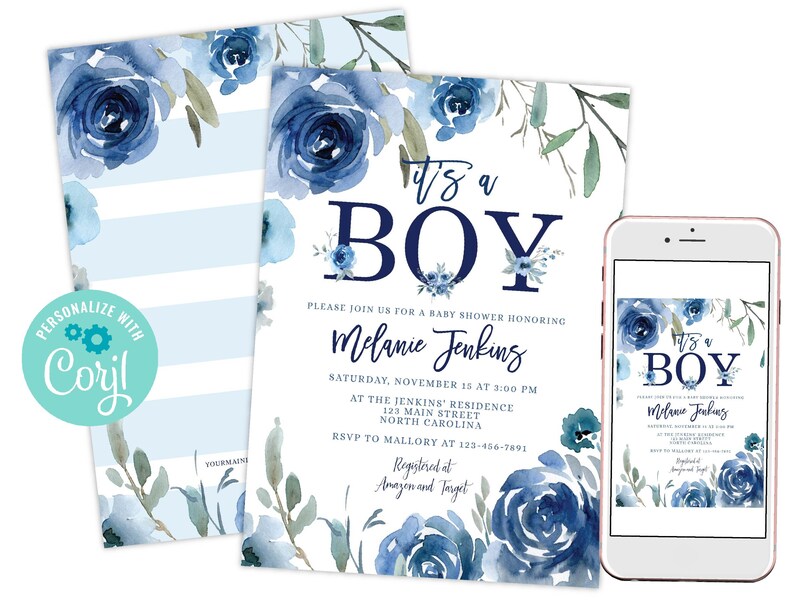 Boy Baby Shower Invitation Watercolor Floral Drive by Invite Etsy