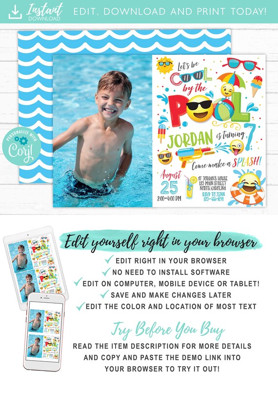 Boy Emoji Pool Party Invitation Pool party birthday Photo invitation Boy Emoji Pool Party party invite Cool by the Pool Summer Swim Party Il_570xn
