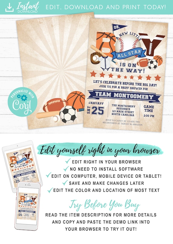 Sports Baby Shower Invitation, All Star Baseball Football Basketball Soccer Baby Shower Invitation, Editable Sports All Star Baby Shower Il_570xn