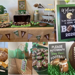 May include: A football-themed baby shower with green and brown decorations. The table is decorated with a football helmet, a football, and a sign that says "Team Montgomery is adding a boy 2020". There are also cupcakes and brownies decorated with footballs.