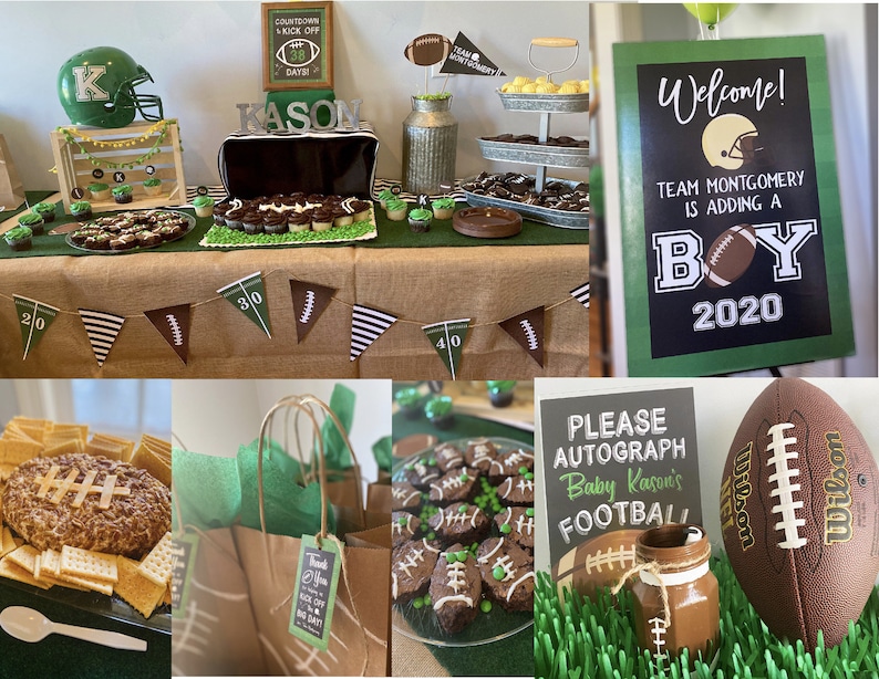 May include: A football-themed baby shower with green and brown decorations. The table is decorated with a football helmet, a football, and a sign that says "Team Montgomery is adding a boy 2020". There are also cupcakes and brownies decorated with footballs.
