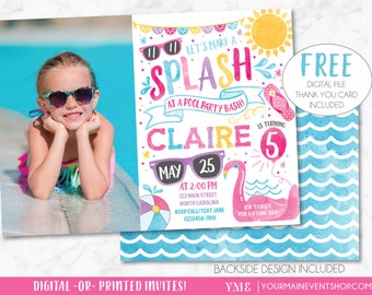 Pool Party Invitation, Pool Party Birthday Invite, Summer Pool Party Bash Printable Invitation Photo, Swimming Party, Flamingo, Watercolor