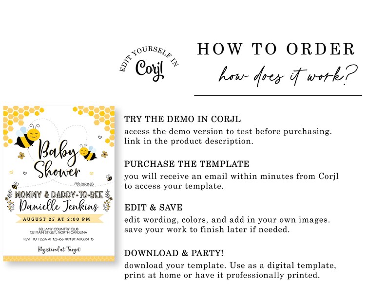 Może przedstawiać: Ż&oacute;łto-czarne zaproszenie na baby shower z motywem pszczoły. Zaproszenie zawiera napis "Baby Shower" i "Mommy & Daddy-to-Bee Danielle Jenkins". Zaproszenie zawiera r&oacute;wnież datę i godzinę imprezy, miejsce oraz informacje RSVP.