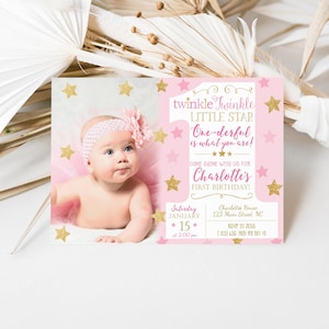 Twinkle Twinkle Little Star Birthday Invitation, Pink and Gold First