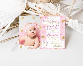 Twinkle Twinkle Little Star Birthday Invitation, Pink and Gold First