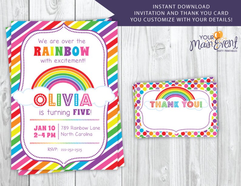 Rainbow Birthday Invitation and Thank You Card Personalized Etsy