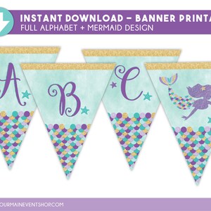Mermaid Party Printable Banner • Water Color Mermaid Birthday Party ...