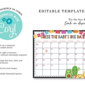May include: A printable baby shower game with a Mexican fiesta theme. The game is a calendar with the text "Guess the Baby's Due Date" and a space for guests to guess the due date. The calendar is decorated with colorful Mexican flags and a cactus.