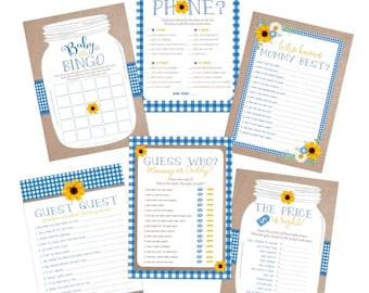 Baby BBQ Baby Shower Games Blue, Sunflower Country Barbeque BabyQ, Bingo, Price Is Right, Who Knows Momma, Find The Guest, Instant Download