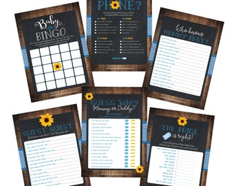 Baby BBQ Baby Shower Games Blue, Sunflower Country Barbeque BabyQ, Bingo, Price Is Right, Who Knows Momma, Find The Guest, Instant Download