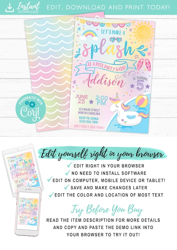 Unicorn Pool Party Invitation, Pool Party Birthday, Unicorn Birthday Party Invitation, Pool Party Invitation, Birthday Invite, Summer, Il_570xn
