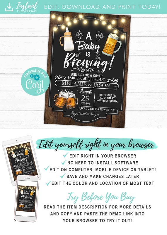 A Baby Is Brewing Baby Shower Invitation Couples Shower Co-ed Baby Shower Invite Beer Baby Bottle Template Instant Download Il_570xn